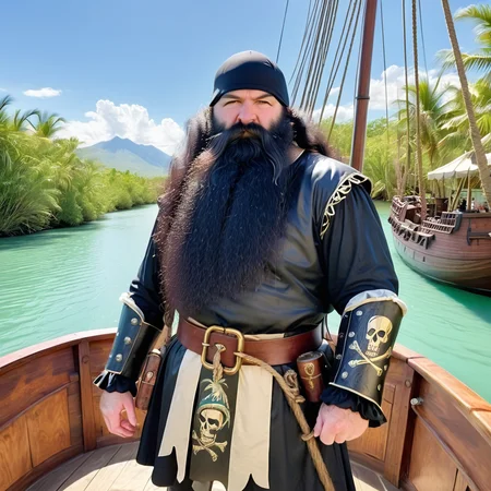 powerbeard, pirate captain, 17th century, long black wig, tall, burly, black hair, hairy arms, cutlass in scabbard, galleon, standing in bow of ship, main deck in midground, skull and crossbones flag, jolly roger, rigging, rope coil, half full antique rum bottles, tropical  river inlet, aqua water, sun reflections on water, late afternoon, palm trees, lush vegetation, distant mountains, detailed background, shadows<lora:Power_Beards:1> OverallDetail