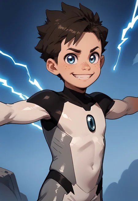 score_9, score_8_up, score_7_up, 1boy, solo, cute boy, Koji, Blue Eyes, Brown Hair, Freckles, Bodysuit, Smile, lightning, portrait, flying, dynamic pose,