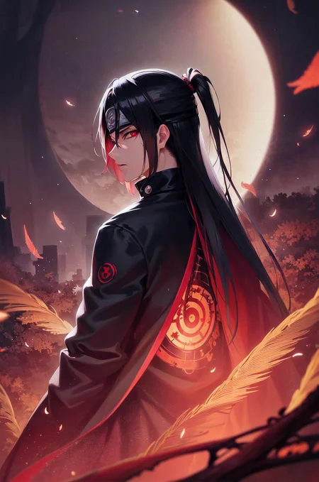 (ItachiUchiha:0.8),best quality, more details, masterpiece, portrait, 1boy, male focus, uchiha itachi,  (mature male:1.4), (evil:1.2),(from below:1),akatsuki uniform,rain, bird, black feathers, black hair, cloudy sky, crow, dark background, falling feathers, fantasy, feathers, forehead protector, glowing, glowing eyes, headband, konohagakure symbol, mangekyou sharingan, night sky, ninja, solo, red eyes, sharingan, solo, somber expression, looking down, dark energy, colorful, vibrant colors, portal to another world, side view, face_focus, zoomed_face, zoomed_in, bokeh, 
bloody, evil, dark,moody, spooky background, villian, colorful, beautiful, 
ultra realistic, intricate details, elegant, hyper realistic, tonemapping, hyperfocus, sharp focus, [volumetric lighting],photorealistic realistic, luxurious, 8k, detailed, ray tracing, depth of field, cinematic lighting, small gold particles,