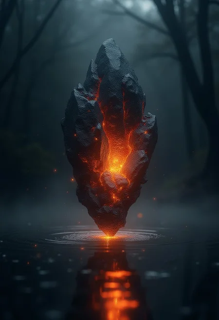 A black magical crystal floating in the air above a still lake, pulsating with magic energy, and inferno blazing within the crystal, magic glow, reflected on the lake's still surface, illuminated, masterpiece, highly detailed, graphic, raw