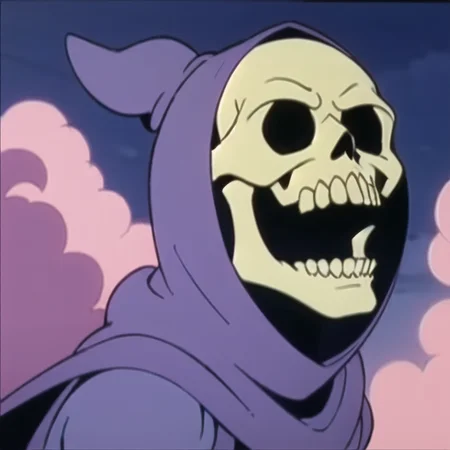 skeletor, close-up, open_mouth, solo, pink_sky, cloudy_sky