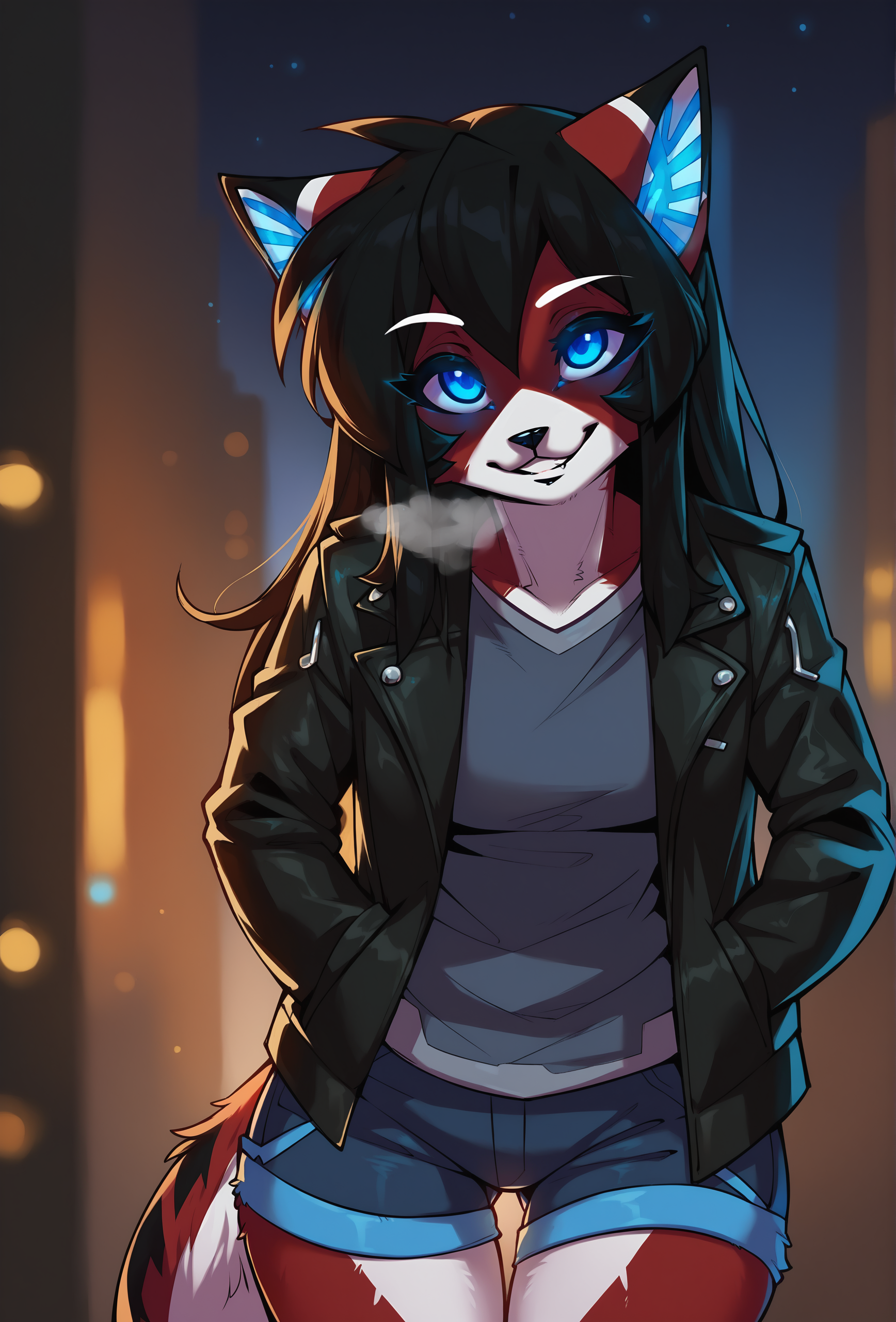 score_9, score_8_up, score_7_up, score_6_up, score_5_up, score_4_up, <lora:Anime Summer Night Style SDXL_LoRA_Pony Diffusion V6 XL:0.5> outdoors, realistic, dark theme, low light, starry sky, cityscape,  BREAK
 <lora:ara_ponyXL_v1:1> ara, cat girl, furry, 1girl, solo, leather jacket, shorts, hands in pockets, breath, smile, teeth, looking at viewer, glowing, (glowing eyes:0.8), blue eyes, leaning forward, happy, grey shirt, head tilt
