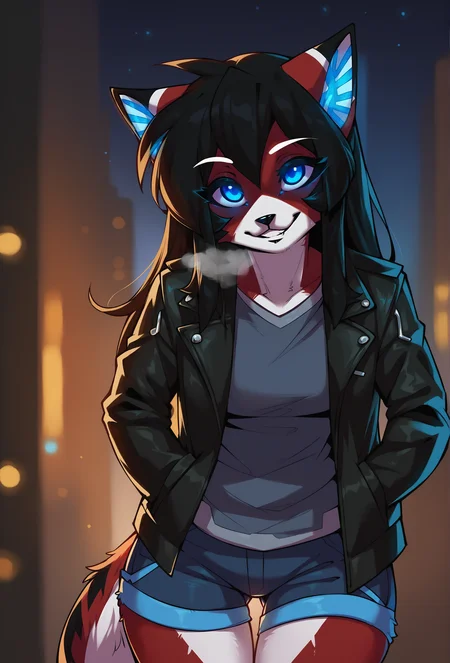 score_9, score_8_up, score_7_up, score_6_up, score_5_up, score_4_up, <lora:Anime Summer Night Style SDXL_LoRA_Pony Diffusion V6 XL:0.5> outdoors, realistic, dark theme, low light, starry sky, cityscape,  BREAK
 <lora:ara_ponyXL_v1:1> ara, cat girl, furry, 1girl, solo, leather jacket, shorts, hands in pockets, breath, smile, teeth, looking at viewer, glowing, (glowing eyes:0.8), blue eyes, leaning forward, happy, grey shirt, head tilt