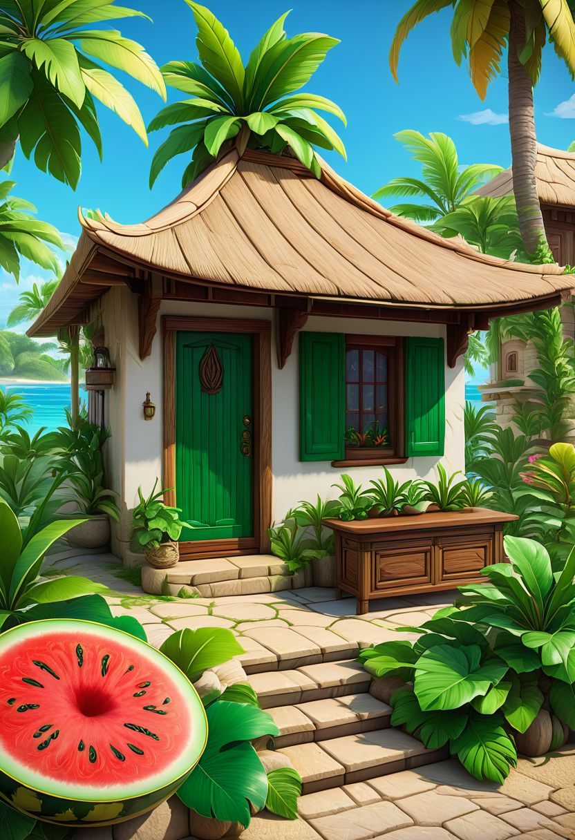 4k resolution,  intricately detailed,  trending on artstation,  ((best quality)),  ((highly detailed)),  masterpiece,  Delfino_Plaza,  detailed small house,  small island,  detailed dock,  detailed leaves on roof,  detailed wooden door,  big watermelon,  palm tree
