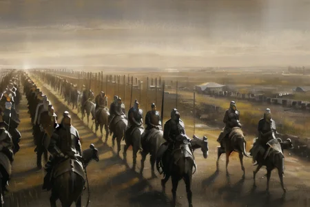a group of men in armor walking down a street next to a line of wooden poles and gates with horses