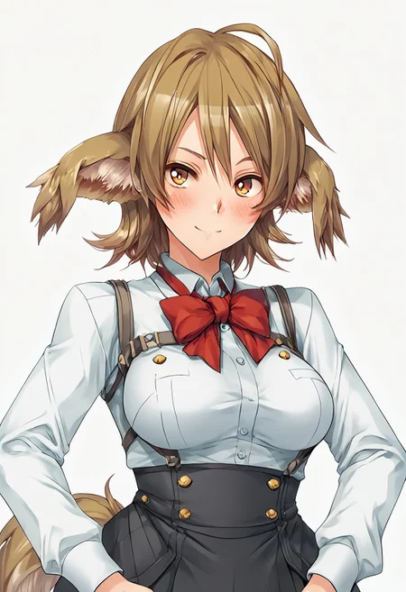 score_9, score_8_up, score_7_up, score_6_up, score_5_up, score_4_up, BREAK, <lora:cmarket0826-sdxl-000028:1>, noa riads, 1girl, solo, breasts, blush, smile, short hair, simple background, brown hair, long sleeves, fluffy tail, ahoge, animal ears, dog ears, medium breasts, swept bangs
shiny skin, school uniform, red bowtie, white shirt, black skirt, hands on hips, frown, blush, looking at viewer,
upper body, Eye focus
fr0nt1nn0c3ntStyl3, Style: Front Innocent,