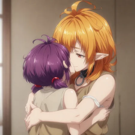 score_9, score_8_up, score_7_up, score_6_up, score_5_up, score_4_up, source_anime, 2girls
1st girl= Roxanne, blonde hair, brown eyes, orange hair, shiny hair, dog girl, floppy ears, soft smile.
2nd girl= Sherry, short hair, red eyes, twintails, purple hair, small breasts, pointy ears, soft smile.
2girls hug and kiss each other tightly.