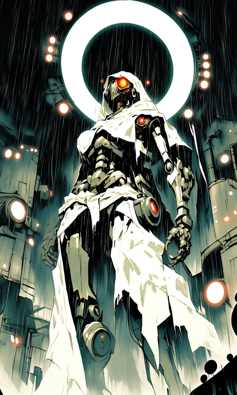 A inked watercolor image of a futuristic humanoid robot with a metallic segmented body covered in tattered white cloth. The robot has a menacing glowing red eye and is surrounded by a halo of bright circular lights. Rain is falling adding a dramatic moody atmosphere. The perspective is from a low angle emphasizing the robot's imposing presence. The background is dark and industrial with a sense of impending danger<lora:Flux1_D\FluxMyOwn\- Flux1 De-Distilled - the_edgy_mech_1.0>
