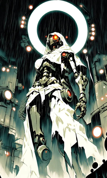 A inked watercolor image of a futuristic humanoid robot with a metallic segmented body covered in tattered white cloth. The robot has a menacing glowing red eye and is surrounded by a halo of bright circular lights. Rain is falling adding a dramatic moody atmosphere. The perspective is from a low angle emphasizing the robot's imposing presence. The background is dark and industrial with a sense of impending danger<lora:Flux1_D\FluxMyOwn\- Flux1 De-Distilled - the_edgy_mech_1.0>
