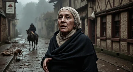 aidmarealisticskin. This is a high-resolution photograph of a 80 years old, weathered woman in a 16th-century town ravaged by the Black Death. The cobblestone streets, uneven and treacherous, are slick with rain and shrouded in a thick fog that obscures the dim light of the winter day. A lone, skeletal dog scavenges amongst the refuse strewn across the street. In the distance, a lone horse stands dejectedly in front of a half-timbered inn, its sign creaking ominously in the wind. The houses, their wattle and daub walls showing signs of decay and neglect, loom over the narrow street, their windows dark and lifeless. Washing hangs limply from a second-story window, a forlorn attempt at normalcy in the face of tragedy. The woman's face is etched with wrinkles and sorrow, her eyes reflecting the grim reality of the plague-stricken town. She wears a dark, heavy woolen dress, the fabric coarse and worn, and a shawl pulled tightly around her shoulders against the biting cold. Her grey hair is covered by a simple linen cap. The air is heavy with the smell of damp earth, decay, and woodsmoke. The overall mood is one of despair and desolation, capturing the bleak aftermath of the plague in a 16th-century European town. Something very cruel happened to this extremely old woman,the marks and injuries of that are visible on her face.