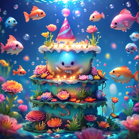 core_9, score_8_up, score_7_up, score_6_up, <lora:ArsMJStyle_-_Cute:1> ArsMJStyle, Cute, Underwater birthday party for octopus. Fish guests with party hats, seaweed decorations, coral cake. Bubbles, wavy water effects, happy sea creature faces.