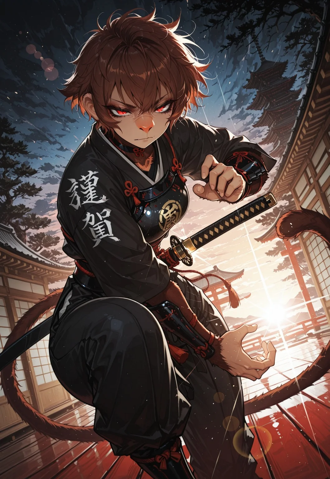 highly detailed, fine skin detail, absurdres, highly-detailed, best quality, detailed eyes, beautiful eyes, masterpiece, very aesthetic, dutch angle, extreme theme, descension, splitting sky, solo, 1girl, J4ckie, samurai armor, katana, narrowed eyes, growl, wrinkled nose, monkey nose, fighting stance, (lens flare:1.2), distortion, knee up, outdoors, magic, japanese architecture, kanji,