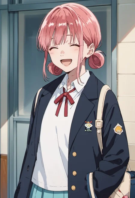 score_9, score_8_up, score_7_up, source_anime, chono hina, pink hair, pink eyes, hair bun, 1girl, closed eyes, solo, school uniform, jacket, open mouth, bag, red ribbon, smile, shirt, ribbon, white shirt