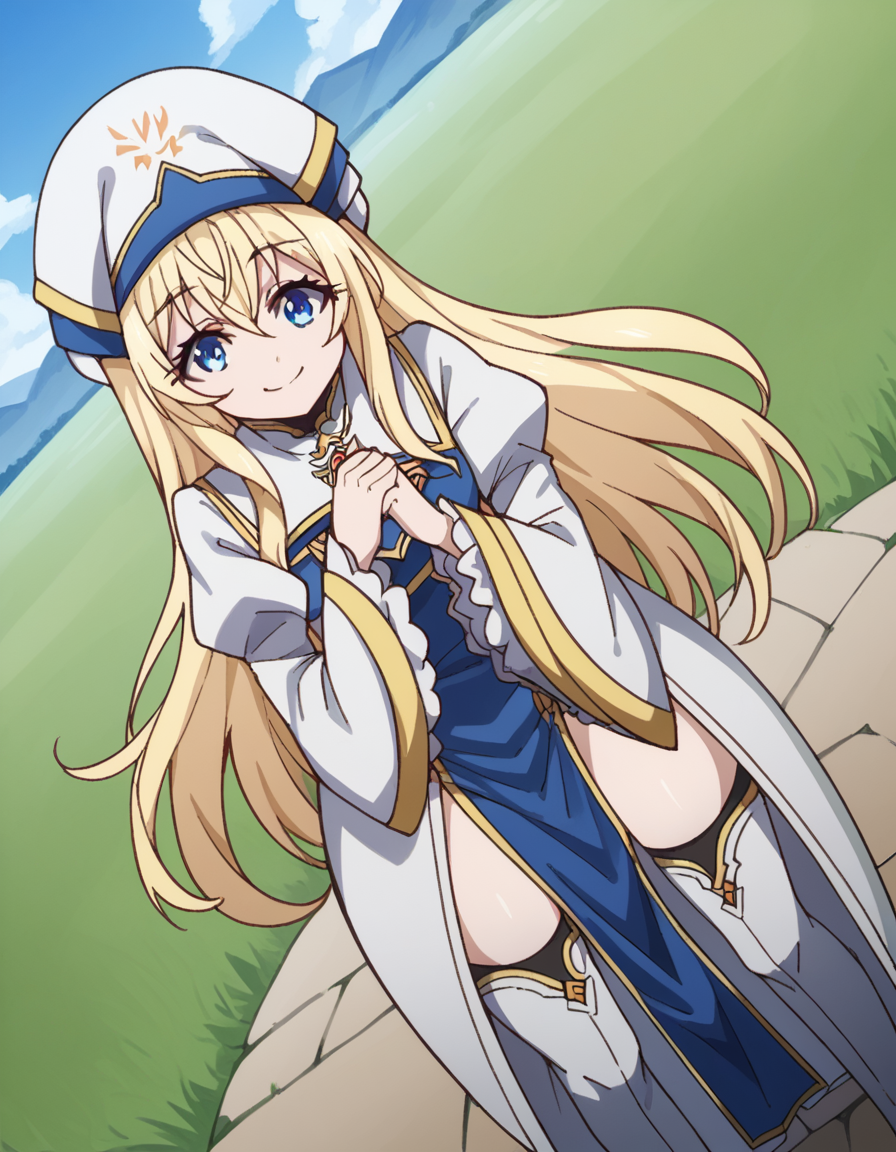 score_9, score_8_up, score_7_up, source_anime,
priestess, <lora:priestess-s2-ponyxl-lora-nochekaiser:1>,
priestess, blonde hair, blue eyes, long hair, hair between eyes,
boots, dress, frilled sleeves, frills, hat, white headwear, pelvic curtain, high heels, robe, thigh boots, thighhighs, white thighhighs, long sleeves, puffy sleeves,
landscape, bent over, smile,
looking at viewer, cowboy shot, dutch angle, solo,