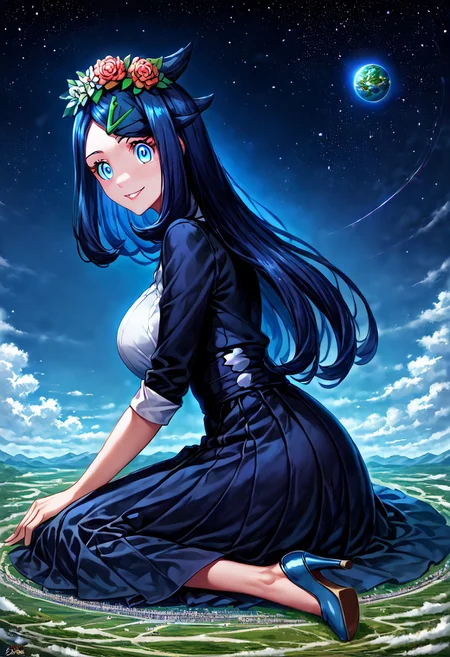 gorgeous lips, cinematic, (masterpiece), (best quality), (ultra-detailed), very aesthetic, perfect composition, intricate details, absurdres, detailed face, (anime, masterpiece, intricate:1.3), (best quality, hires textures, high detail:1.2), score_9, score_8_up, source_anime, 1girl, liko \(pokemon\), blue hair, hair clip, very long hair, flower crown, long dress skirt, stiletto high heels, large breasts, facial expression, loving, flirting, amused, smiling, head tilt, soft eyes, jvdaniang, goddess, planet size, giantess, giantess in space, in space, giant goddess, humongous body, lying down on planet, giantess lying down on planet, space, galaxies, small planets, floating objects, gradient eyes, beautiful detailed eyes, Side view, solo, (masterpiece:1.4), (best quality:1.4), (ultra-detailed:1.2), gl0w, glow, Extreme Size Difference,