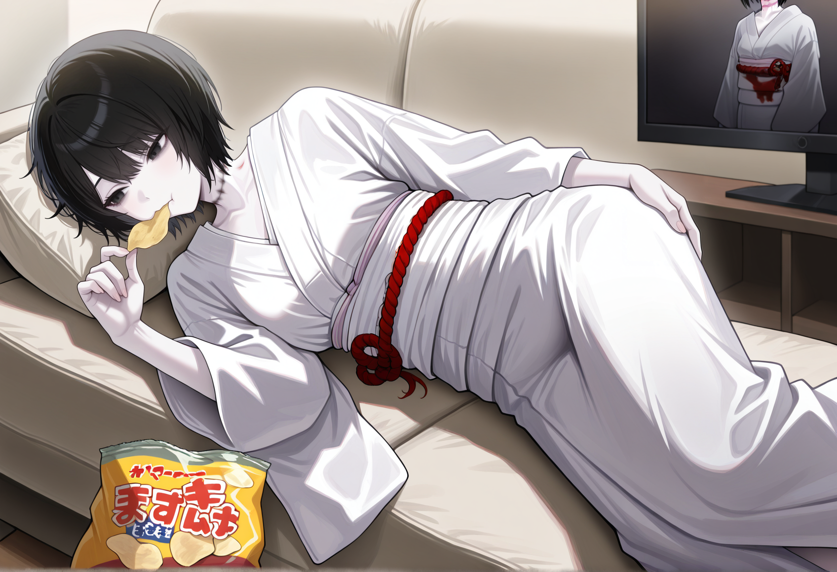 1girl, black hair, neck mark, short hair, black eyes, white kimono, obi, rope, pale skin, lying, on ouch, on side, living room, watching television, eating potato chips, potato chips bag, scratching ass, <lora:Sae_Kurosawa_fatal_frame_illus:1>, masterpiece, best quality, amazing quality, very aesthetic, absurdres, highres, newest