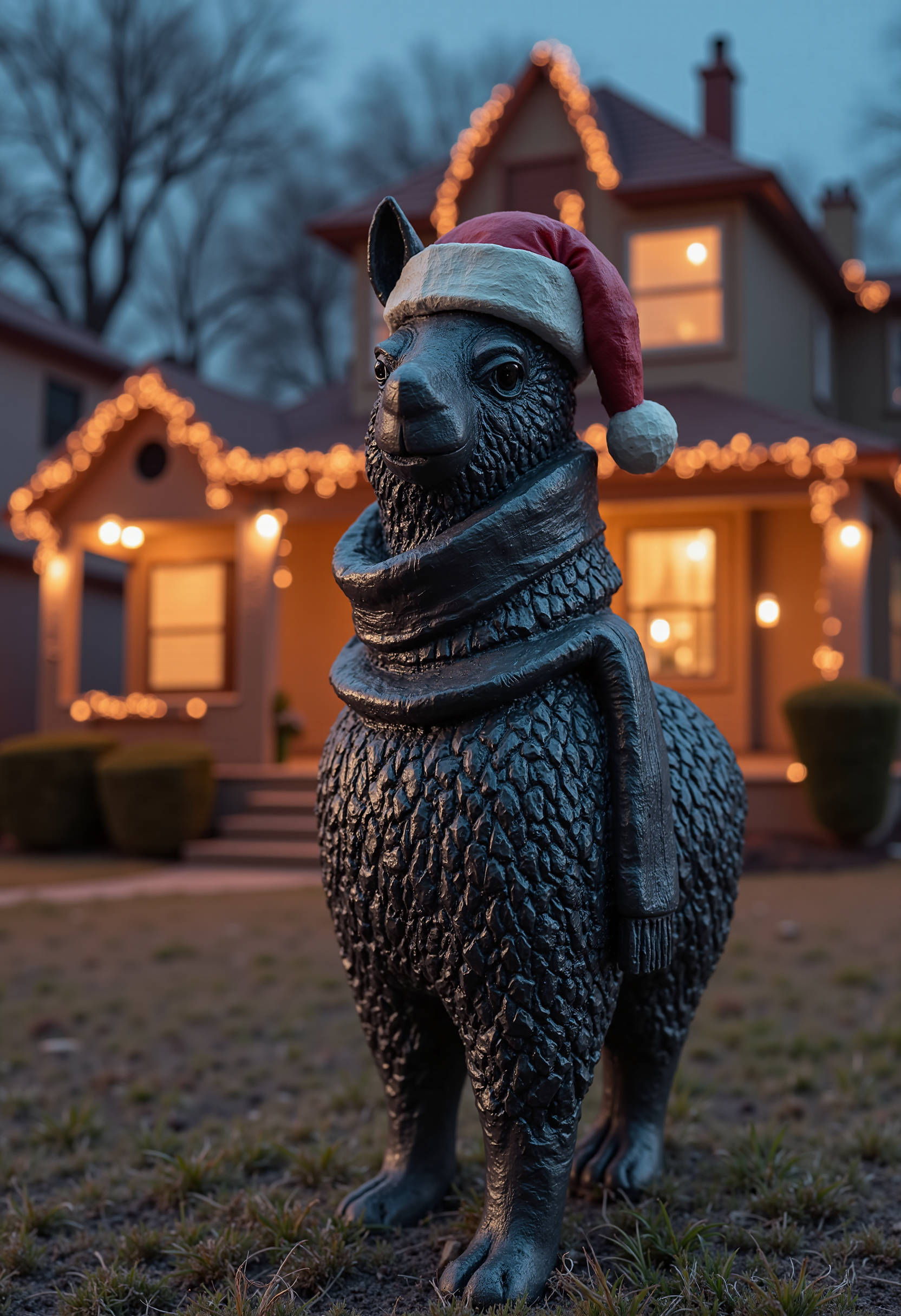 P3NC1L4RT sculpture, A llama with a Santa hat on his head and a scarf wrapped around his neck. The background is a house decorated with Christmas lights, at dusk. The environment is illuminated with a warm atmosphere due to the lights. 