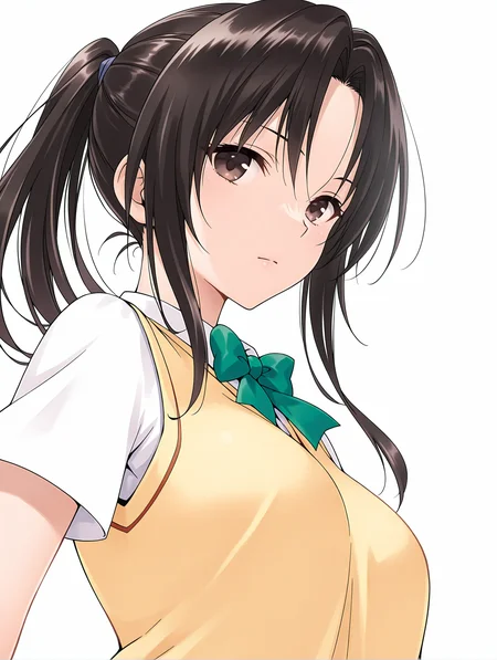 masterpiece,best quality,newest,
1girl,solo,
<lora:kujou_rin_ilxl_v1.1:1>,rin,brown eyes,black hair,parted bangs,ponytail,r_clothes,green bowtie,short sleeve blouse,yellow vest,
<lora:Fixhands_anime_bdsqlsz_V1:1>,dynamic_angle,cinematic_angle,looking_at_viewer,standing,simple_background,white_background,face_focus,upper_body,expressionless,