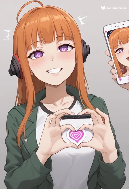 Futaba hypnotized,
score_9, source anime, lewd, 1girl,
mind control, hypnotized, glazed over eyes, expressionless, slightly drooling, happy trance,
boobheart, heart hands Press own breast, (mind control phone app), pov, pov holding phone,
futaba sakura, orange hair, long hair, purple eyes, ahoge, behind-the-head headphones, green jacket,