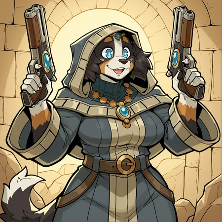 masterpiece, best quality, amazing quality,(detailed background:1),1girl,solo,CeehazStyle, furry, furry female,bernese mountain dog, celia,jewelry,upper body, holding gun, looking at gun, :o, dog ears, tail, breasts, animal ears, dog girl, blue eyes, necklace, hood,dog tail, smile, standing, blue eyes, celia clothes ,<lora:Ceehaz_StyleCharacters_v3 v2:1>