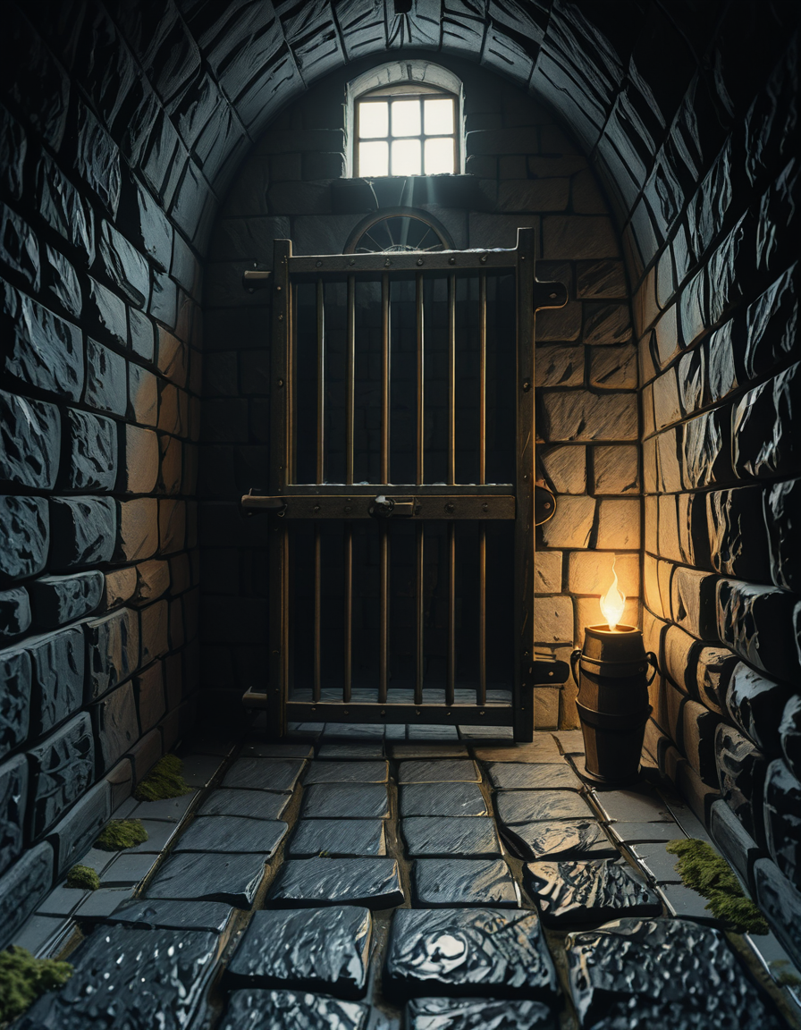 A highly detailed, hyper-realistic photograph of a dark medieval dungeon prison cell. The scene is dimly lit by a single flickering torch mounted on a damp stone wall, casting eerie shadows across the rough, moss-covered stones. Heavy, rusted iron bars form the cell door, slightly ajar, with visible corrosion and ancient padlocks. Inside the cell, there is a straw-covered floor, old wooden buckets, and a crude, splintered wooden bench against the back wall. Chains and manacles hang loosely from the walls, showing signs of long-term use. The atmosphere is cold, humid, and oppressive, with faint light rays piercing through tiny cracks in the stone ceiling. Cobwebs stretch across the corners of the cell, and faint water drips from above, creating small puddles. The overall mood is grim, desolate, and foreboding. Photorealistic style, with high dynamic range (HDR) lighting and extreme attention to textures like rust, moisture, and decay.
<lora:SDXLFaeTastic2400:0.4> <lora:extremely_detailed:0.4> extremely detailed,medieval dungeon pr1s0n c3ll <lora:medieval_dungeon_pr1s0n_c3ll-i:1>, Masterpiece,best quality,hi res,8k,hi res,8k,award winning,(sharp focus, intricate, highly detailed),