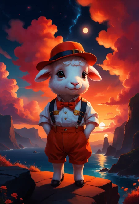 vibrant oil painting of the ocean and beautioful cliffs, gorgeous sunset colors, blending anime cute sheep wearing an adventurers outfit, with hat and suspenders, features with imaginative, stark contrasts between light and shadow,  vibrant, red and orange fluffy clouds,  under a starry night sky