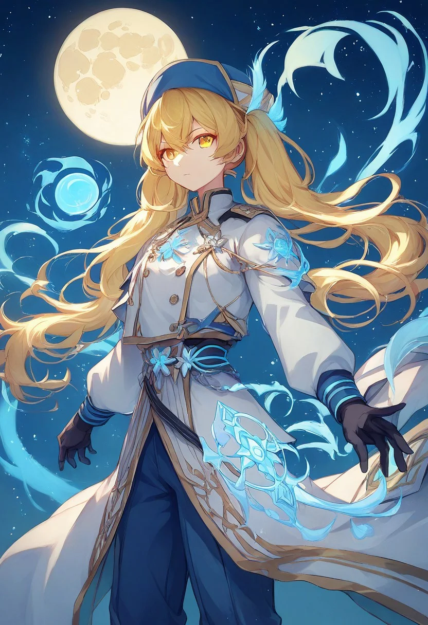 core_9, score_8_up, score_7_up, score_6_up BREAK ExoAsophiel, blonde hair, yellow eyes, long hair, twintails, long sleeves, blue hat, pants, white uniform, black gloves, Asophiel uniform, bow weapon, standing, full moon, magic, night, starry sky, looking at viewer, beautiful background, highly detailed