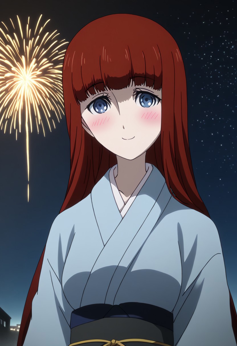 rating_safe, Ultra-high-detailed Anime illustration of Kagari Shiina from Anime Steins;Gate 0. 
The artwork features Kagari in a solo, full body, standing position with a outdoors, flield, and night background. night time. night. stars.
She is depicted with intricate details showcasing her large breasts, natural_breasts. She is a white skinned, 22 years old woman. Kagari is looking_at_viewer with perfect_eyes, Her pupils are highly detailed. The eyes are open. blue eyes. Kagari's eyes are highlighted. Highlighted eyevrows. 
She has long hair, red colored hair, styled in blunt bangs and floating hair.
She is wearing a blue kimono and black shoes. japanese kimono, kimono.
The artistic style is intricate_details_xl with a focus on Anime art. The color palette emphasizes red and black with detailed strokes to bring out the character's features. The lighting creates dramatic shadows and highlights, adding depth to the artwork. The perspective is from a face focus, dutch angle to enhance the impact of the character's expression. This masterpiece is a true portrayal of Kagari's complex personality and will captivate any fan of Kagari. uncensored, upper body, blushing, smile, Kagari Shiina,
perfecteyes,
<lora:Steins_Gate:1>
kimono
happy new year!, Happy New Year fireworks, Happy New Years, golden colored fireworks