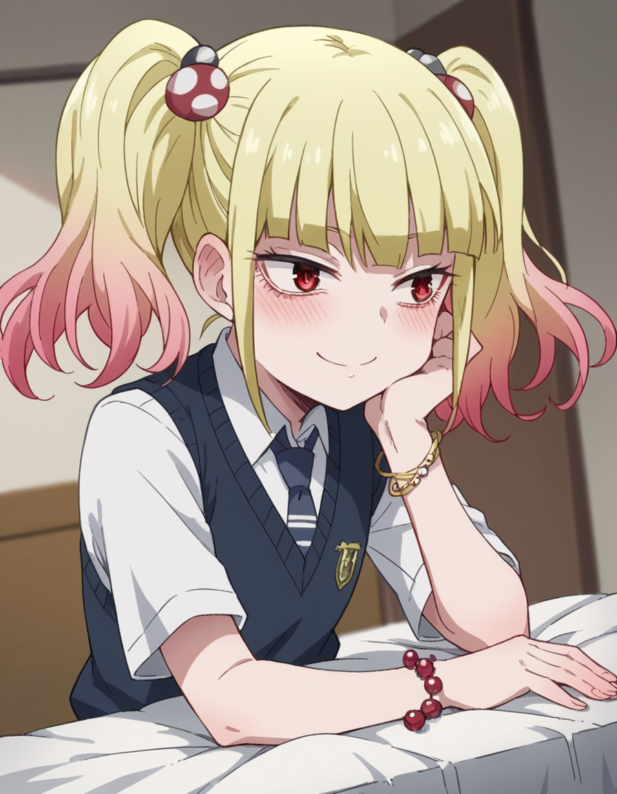 score_9, score_8_up, score_7_up, source_anime, <lora:yuria-niguredou-s1-ponyxl-lora-nochekaiser_r1:1>, yuria niguredou, bangs, blonde hair, hair ornament, red eyes, twintails, pink hair, multicolored hair, gradient hair,, skirt, shirt, jewelry, school uniform, pleated skirt, necktie, bracelet, sweater vest, beads,, indoors, bed, bed room, on side, blush, drunk,, smile, , sitting, elbow rest, table,, solo,, dutch angle, cowboy shot