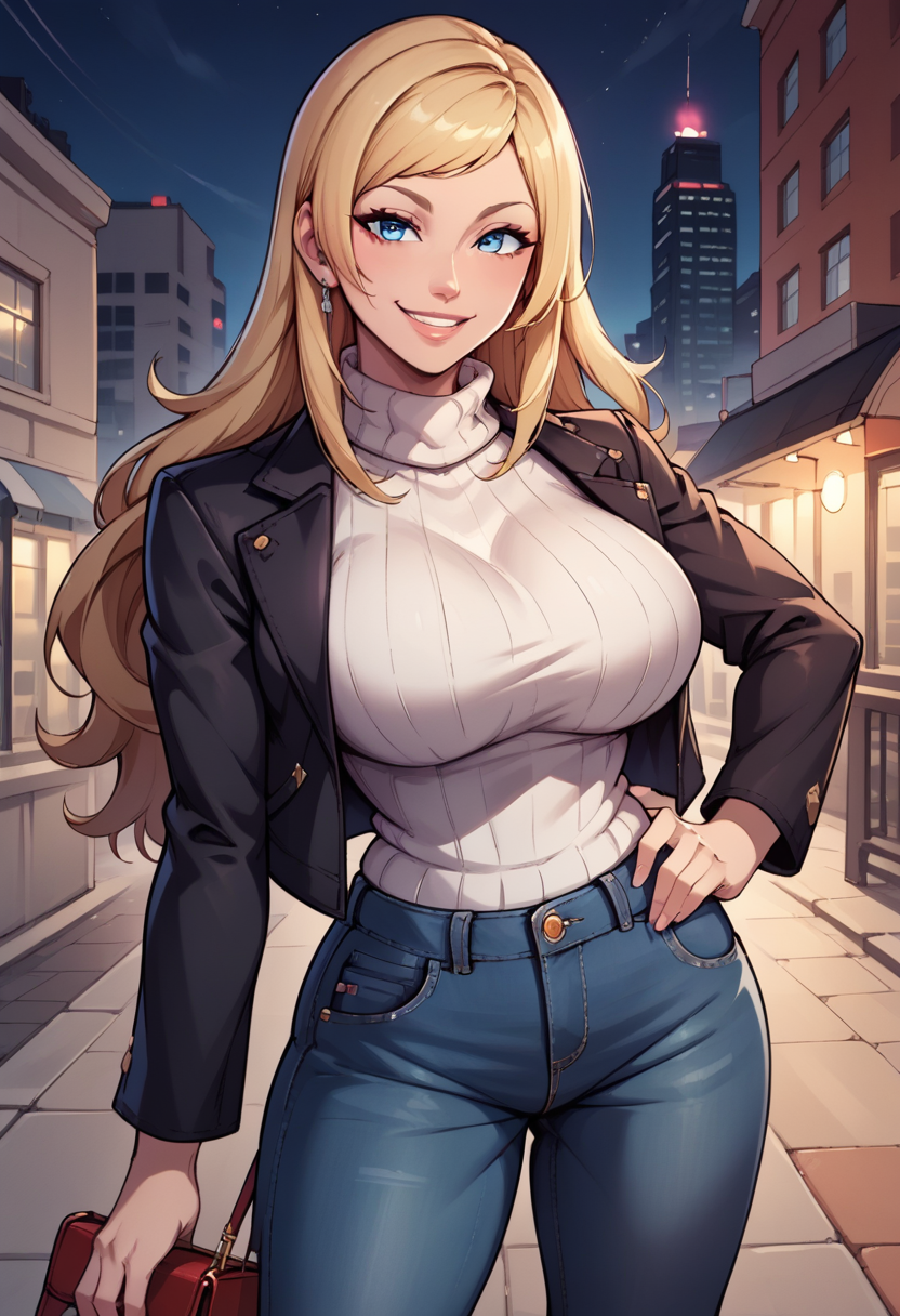 score_9, score_8_up, score_7_up,  source_anime, BREAK   <lora:JenetKOFXV-000009:0.8>, JenetKOFXV, blonde hair, blue eyes, long hair, swept bangs,  large breasts, white turtleneck, striped sweater, black jacket, jeans, smile, handbag, hand on own hip, cityscape, jeans, seductive smile, looking at viewer, night, street,
