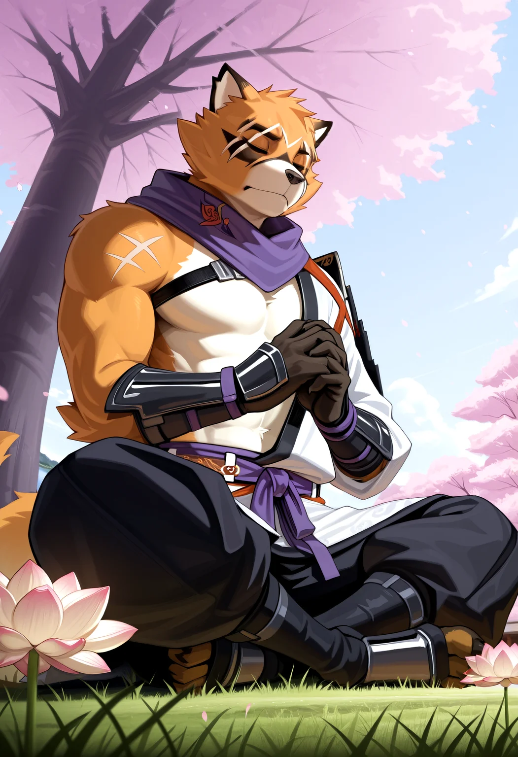 score_9, score_8_up, score_7_up,<lora:Expressive_H-000001>, 8k, detailed design, detailed background, detailed characters, masterpiece, anthro only, furry only, 1boy, solo, <lora:HajimeIllustrious>, white armor, no pupils, belt, black gauntlet, white japanese clothes, white hadanugi dousa, purple neckerchief, black pants, meditation, lotus position, male focus, own hands together, sitting, closed eyes, below angle, outside, cherry blossom, daytime, sunny day, field, peaceful, lake,
