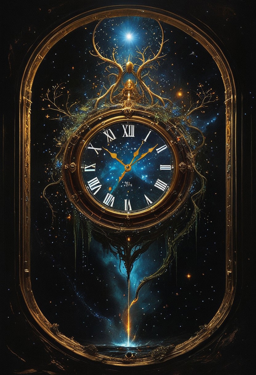 universe, (galaxy:0.5), (nebula:0.5), (stars:0.3)
BREAK
top- down, fantastical and surreal scene, closeup inside of an enormous ancient pocket_clock standing upright with its cover open revealing a magical portal, portal inside the clock, Through the portal is a breathtaking landscape unfolds, towering mountains, a cascading volcano, a steaming river winding through a burned forests, The edges of the pocket_clock are adorned with intricate glowing runes and vines, the clock resting on obsidian floor, mystical touch, illuminated by a crescent moon and twinkling stars, dreamlike and otherworldly atmosphere, sense of adventure and wonder, ((red-blue, artifact,
<lora:aidmaMTG-CardsXL-v0.1:1> ,mtg, mtg card)), view from above, 
(score_9, score_8_up:1.1), score_7_up, a fine color ink lineart sketch, (reflective volumetric), raytracing, absurdres, dark, low-key