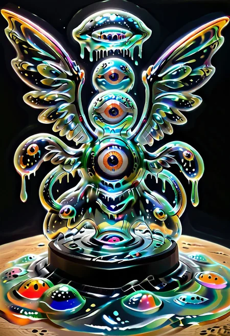 biblicalangellora, a psychadelic blackhole made with slime, in space, slime-morph style, grgnt, sl1m3d, wings, rings, many eyes, a biblically accurate angel made of a blackhole