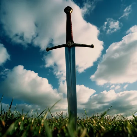 cinematic film still of <lora:detailed:0.2>
<lora:perfection style:0.2>
<lora:Ron Fricke style:0.1>
<lora:Braveheart film style:1>
Low angle, from below, In 1280 a sword is in a field,weapon,outdoors,sky,day,sword,cloud,blue sky,no humans,cloudy sky,grass,scenery , 13th century, cinematic, kodak, Braveheart film style, shallow depth of field, vignette, highly detailed, high budget, bokeh, cinemascope, moody, epic, gorgeous, film grain, grainy