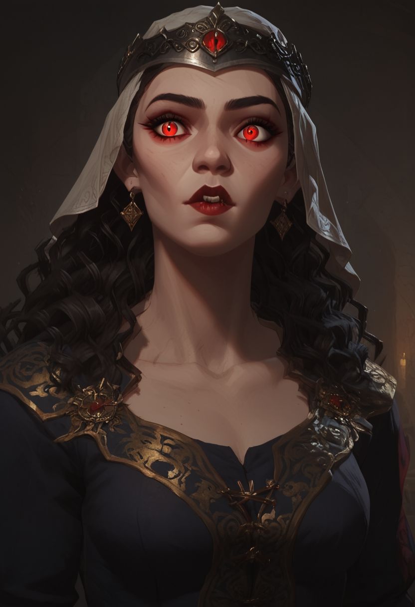 score_9, score_8_up, score_8_up, raw, perky breasts,pale white skin, bloodshot eyes, red eyes, earrings, black hair veil, wavy hair, vampire, black silk medieval tunic,