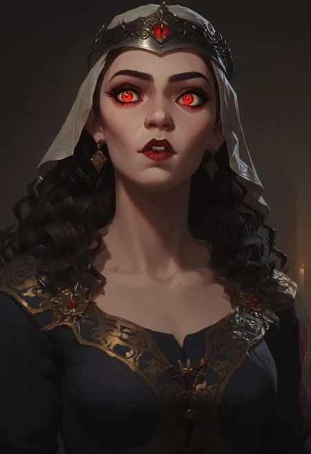 score_9, score_8_up, score_8_up, raw, perky breasts,pale white skin, bloodshot eyes, red eyes, earrings, black hair veil, wavy hair, vampire, black silk medieval tunic,