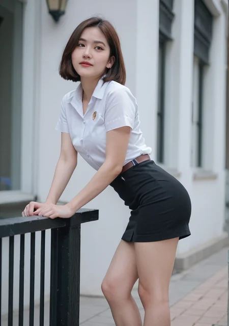 score_9,score_8_up,score_7_up,beast_quality,masterpiece,film tone,nisit, 1girl,short sleeves, white shirt, black skirt, pencil skirt ,<lora:nisit:0.7>,leaning forward,looking at viewer