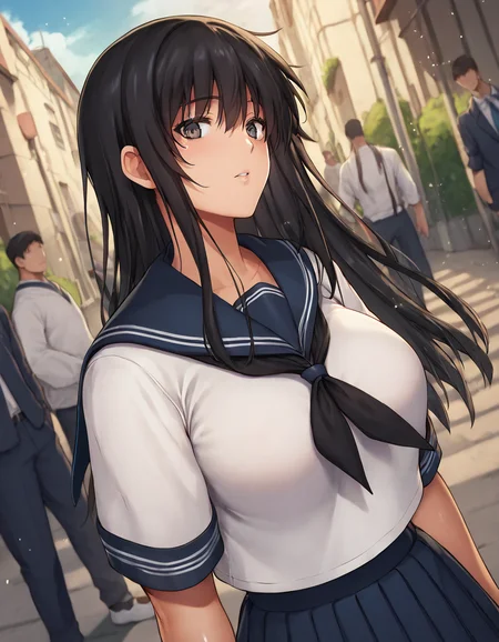 score_9, score_8_up, score_7_up, source_anime,reizei,1girl, looking at viewer, dutch angle,parted lips, long hair, large breasts, shiny skin, <lora:reizei:1>,depth of field, light particles,
serafuku, school uniform, street,black hair, more people,