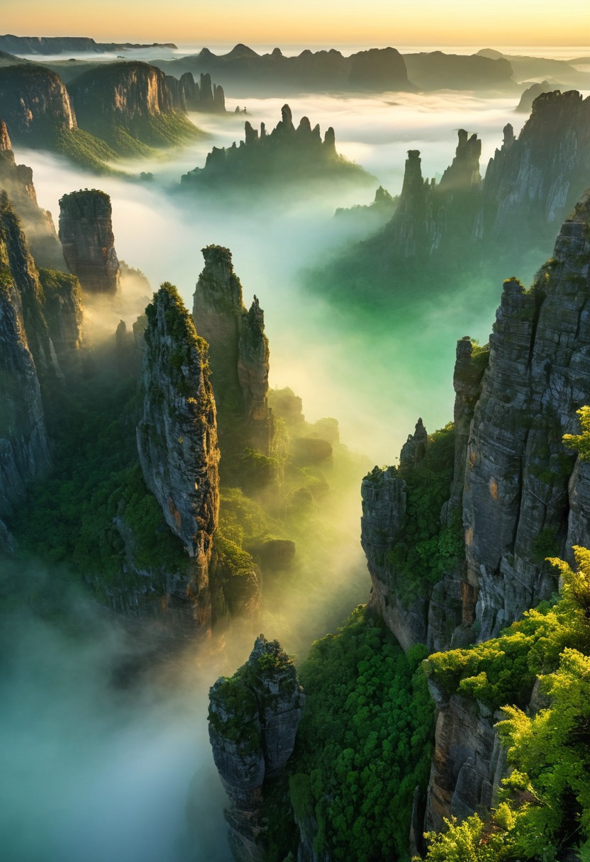 Aerial view of a breathtaking karst landscape, towering limestone pinnacles emerging from a misty sea of clouds at dawn. Jagged rock formations pierce through the ethereal fog, creating a surreal, otherworldly panorama. The rising sun casts a warm, golden glow across the scene, highlighting the rugged textures and intricate patterns of erosion on the stone pillars. Lush pockets of vegetation cling to the rocky outcrops, adding splashes of vibrant green to the otherworldly terrain. The interplay of light and shadow emphasizes the dramatic depth and scale of the landscape. Wispy tendrils of mist swirl around the bases of the formations, creating an atmosphere of mystery and ancient beauty. 8K resolution, hyper-detailed, breathtaking composition.