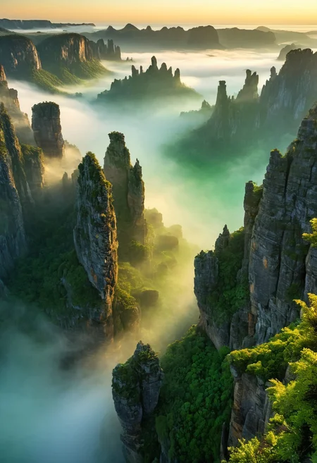 Aerial view of a breathtaking karst landscape, towering limestone pinnacles emerging from a misty sea of clouds at dawn. Jagged rock formations pierce through the ethereal fog, creating a surreal, otherworldly panorama. The rising sun casts a warm, golden glow across the scene, highlighting the rugged textures and intricate patterns of erosion on the stone pillars. Lush pockets of vegetation cling to the rocky outcrops, adding splashes of vibrant green to the otherworldly terrain. The interplay of light and shadow emphasizes the dramatic depth and scale of the landscape. Wispy tendrils of mist swirl around the bases of the formations, creating an atmosphere of mystery and ancient beauty. 8K resolution, hyper-detailed, breathtaking composition.