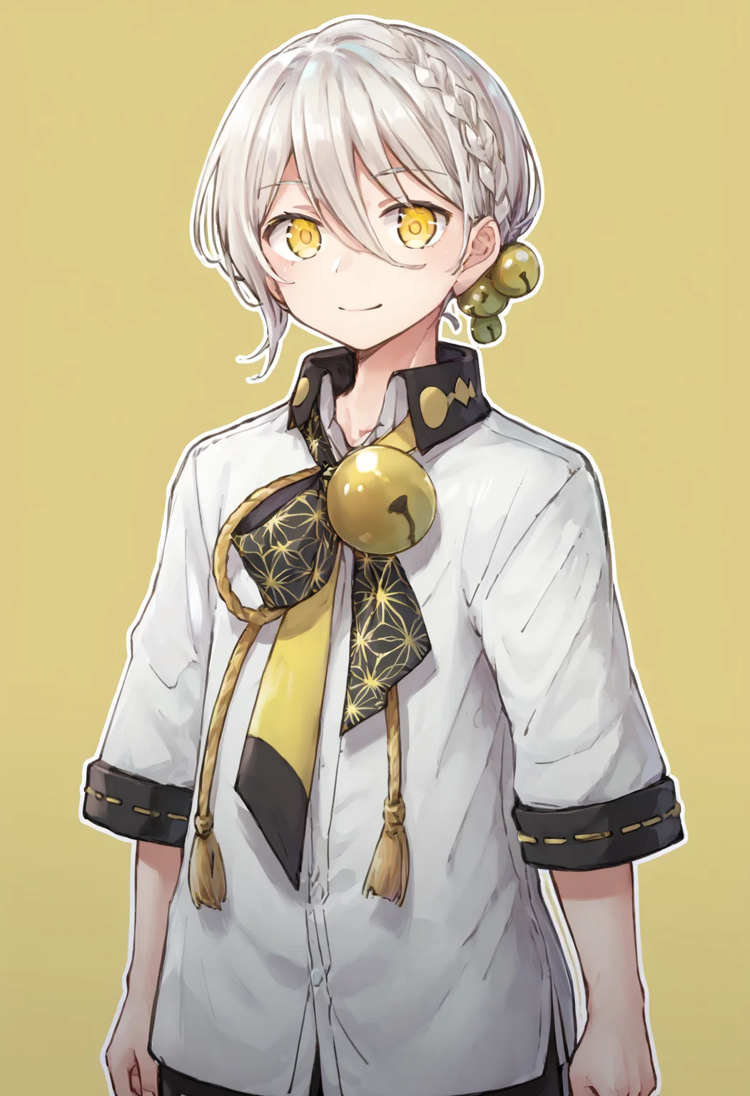 score_9, score_8_up, score_7_up, source_anime,
BREAK,
1boy, solo, standing, looking at viewer, smile, yellow background,
<lora:iori_yuzuru_PonyXL_v1:1> iori yuzuru, yellow eyes, white hair, braid, hair ornament, bell, white shirt, black pants,