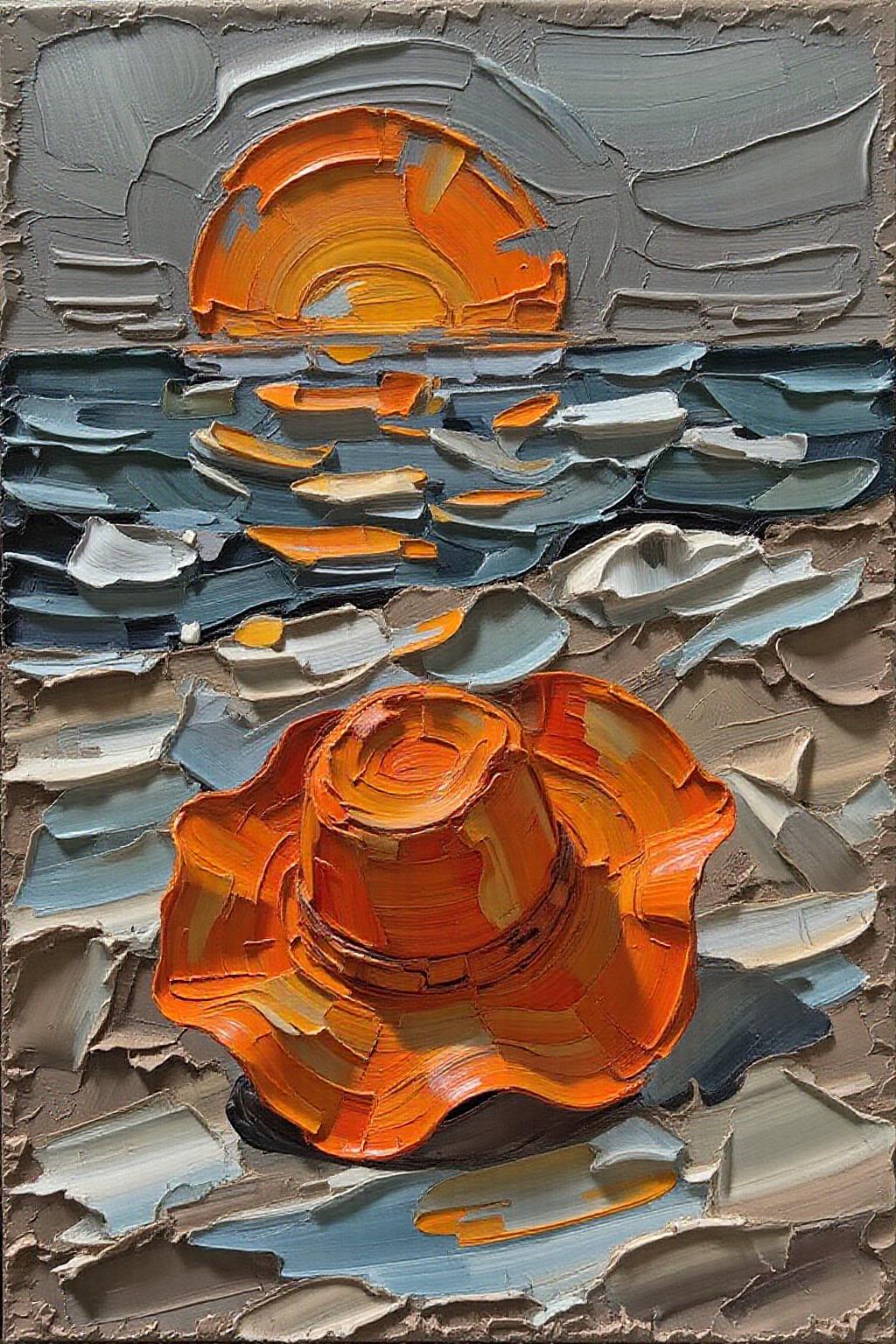impasto oil painting.
a vibrant orange sun hat is seen in the center of the frame. The sun hat casts a shadow on the surface of the sun, adding a pop of color to the scene. The background is a mix of gray, brown, and white, creating a striking contrast to the orange hat.
 <lora:impasto_nocap_d6a3:1.0> <lora:Flux-Sch-SingleBlocks-BF16:1.0><lora:802434340832322834:0>