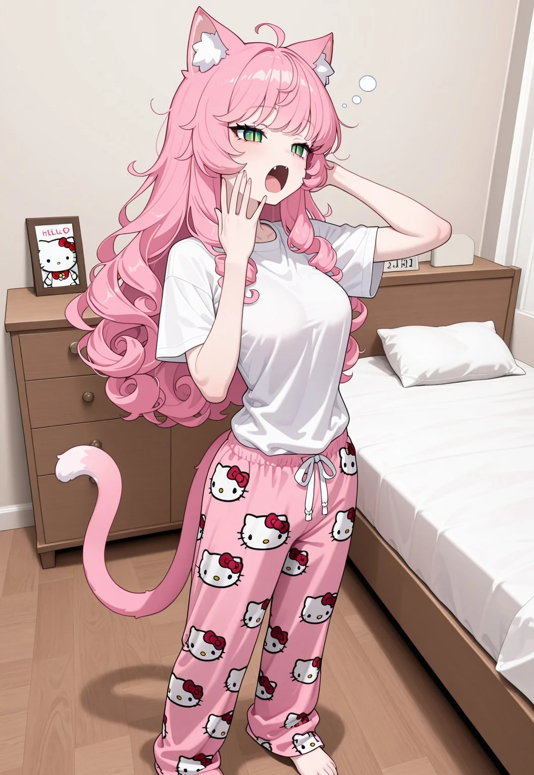 masterpiece, best quality, newest, absurdres, highres, sfw, rating:safe, 1catgirl, skinny, medium breasts, pink tail, pink ears, long hair, curly hair, pink hair, green eyes, slit pupils,hello kitty pajama pants, pink pants, inside bedroom, yawned, sleepy, bed, girly room,