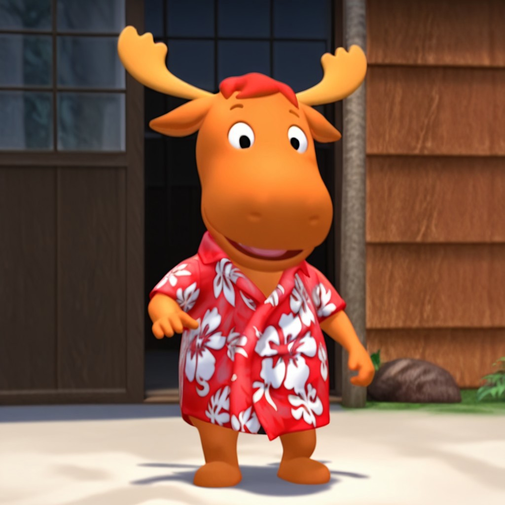 masterpiece, best quality, amazing quality, Tyronemoosebyil, anthro, male, moose, orange fur, black eyes, antlers, red hair, red hawaiian shirt, full body,  solo, 1boy, outside,