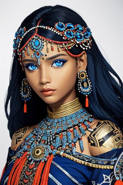 close-up photographic portrait of woman with strikingly vibrant blue-silver eyes. Supe shoulders showing. The face should, intricate, tribal-inspired art, patterns, reminiscent of beadwork and ceremonial embellishments, scheme, rich reds, oranges, blues --ar 2:3