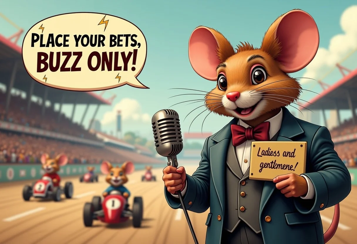 A suave, old-school racetrack announcer mouse stands confidently in front of a grand, bustling racetrack, dressed in a slick suit with a little bow tie and a vintage microphone held in one paw. His suit is slightly oversized, giving him a charmingly scrappy look, and his whiskers are perfectly groomed, adding to his dignified vibe. Behind him, the racetrack is a blur of activity, with other animals racing in little handmade go-karts decorated with lightning bolt emblems.
The mouse announcer holds a small sign that reads, “Place Your Bets, Buzz Only!” in a bold, stylized font with electric symbols accenting the corners. His free paw gestures toward the track with flair, as if he's inviting the crowd to join the excitement.
Above him, a speech bubble declares in a dramatic tone:
“Ladies and gentlemen—time to put your buzz on the line!”
The scene captures a thrilling, fast-paced vibe with a dash of old-school charm, showing the mouse’s passion as he emcees a high-stakes race fueled by buzz in this whimsical animal world.