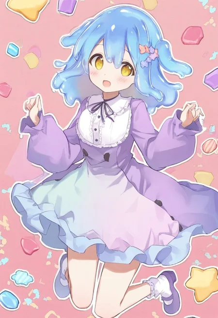 score_9, score_8_up, score_7_up, best quality, fine detail, cute, chibi slime girl with tiny marshmallows, candy pieces, wearing a rainbow colored dress, gummy worm hair, detailed candy background