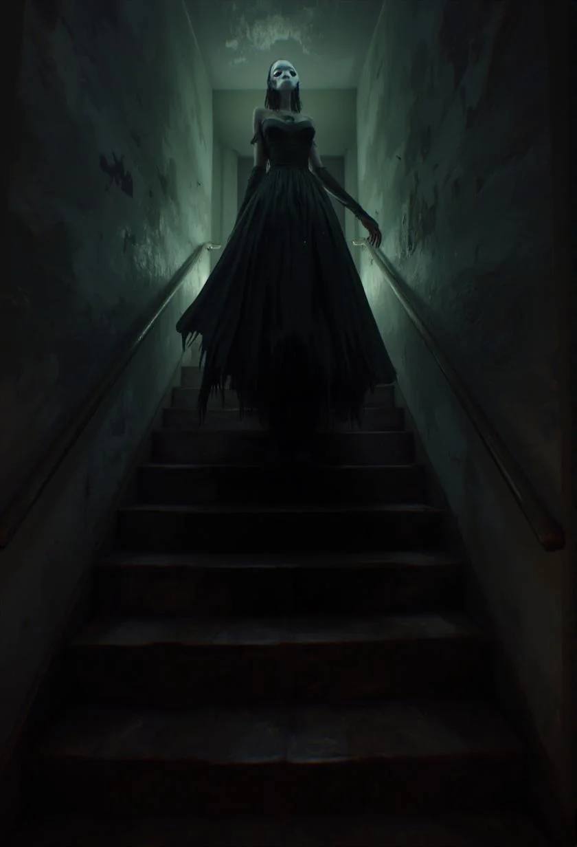 <lora:ck-LttleGhost-000011.safetensors:1> in the style of ck-lttlegh0stA towering figure in a flowing black dress and blank white mask descends from a narrow, dimly-lit staircase, surrounded by an eerie, ambient glow. The atmosphere is one of quiet menace, with the overall effect being a hauntingly beautiful scene that combines mystery, suspense, and foreboding.