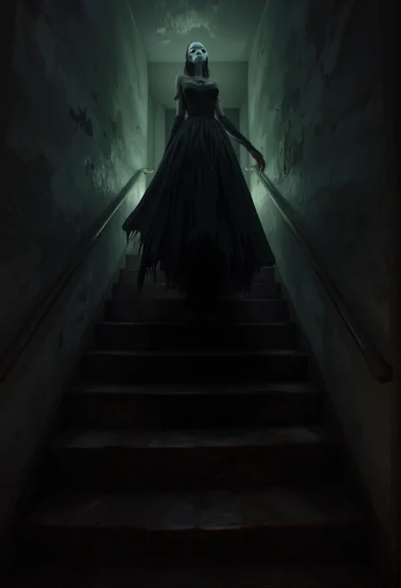 <lora:ck-LttleGhost-000011.safetensors:1> in the style of ck-lttlegh0stA towering figure in a flowing black dress and blank white mask descends from a narrow, dimly-lit staircase, surrounded by an eerie, ambient glow. The atmosphere is one of quiet menace, with the overall effect being a hauntingly beautiful scene that combines mystery, suspense, and foreboding.
