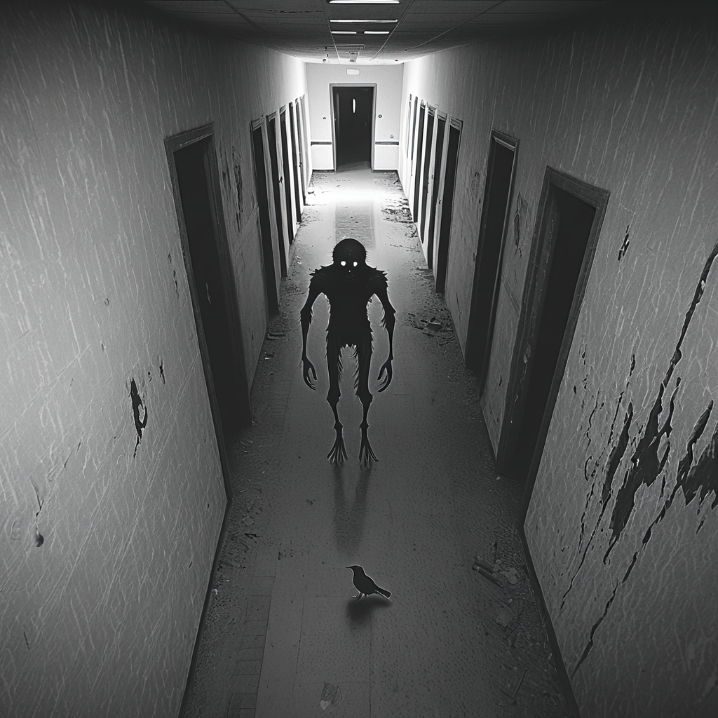 horrorcctvlora, abandoned hallway, horror (theme), monster, monochrome, bird view